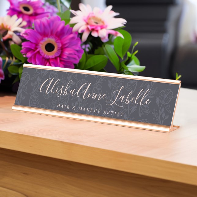 Placa De Mesa Padrão Preto para Blush Floral Elegante e Moderno (Elegant & Modern Floral Blush Black Pattern Desk Name Plate)