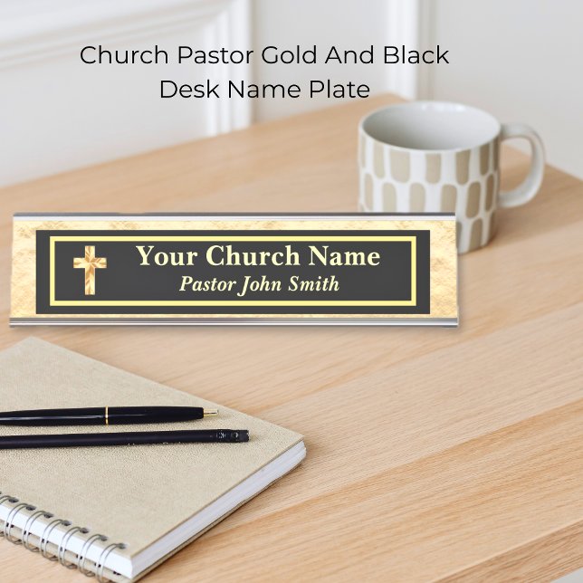 Placa De Mesa Pastor Da Igreja Dourado E Negro (Church Pastor Gold And Black Desk Name Plate)