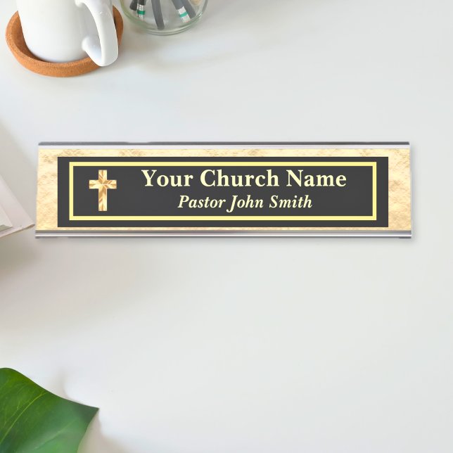 Placa De Mesa Pastor Da Igreja Dourado E Negro (Church Pastor Gold And Black Desk Name Plate)