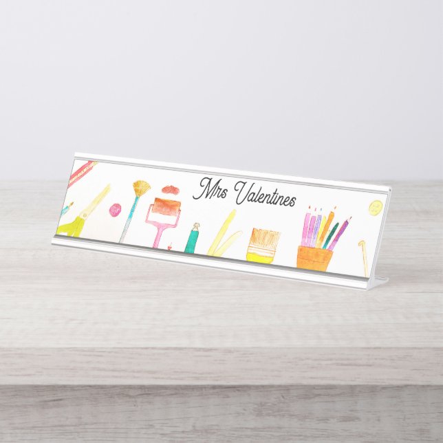 Placa De Mesa Pencils Watercolor School Cute Modern (Frente)