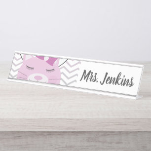 Placa De Mesa Pink Cat Elementar Professores Nome Placa