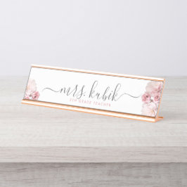 Placa De Mesa Pink Peony Rosa Dourado Teacher Nome Placa