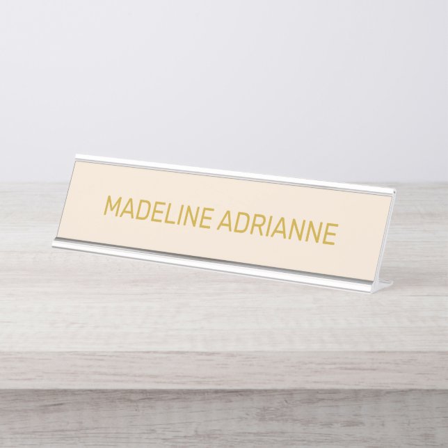 Placa De Mesa Placa Personalizada Bege e Dourada para Mesa Moder (Frente)