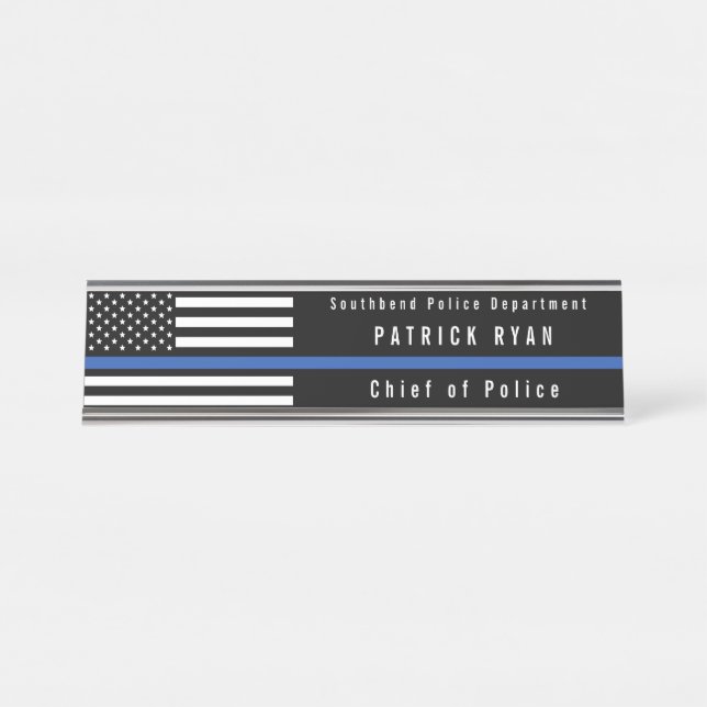 Placa De Mesa Policial Thin Blue Line - Bandeira Americana Monog (Frente)