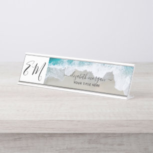 Placa De Mesa Praia de Monograma Azul Verde Elegante Profissiona