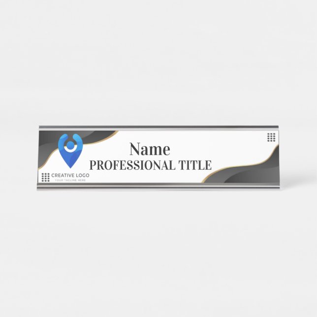 Placa De Mesa Prata personalizável com logotipo e slogan 4 (Frente)