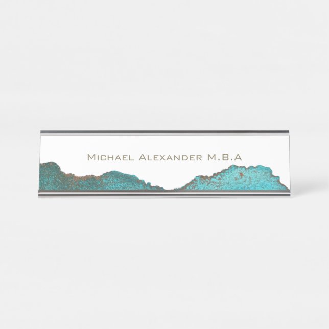 Placa De Mesa Preto Branco Teal Abstrato Personalizado Nomeado (Frente)