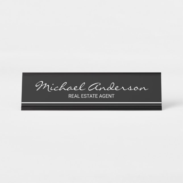 Placa De Mesa Preto e Branco Elegante profissional (Frente)