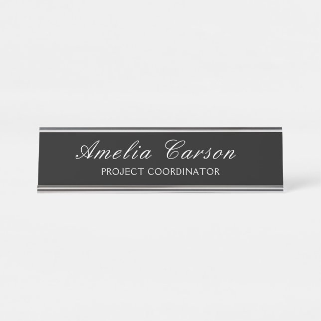 Placa De Mesa Preto e Branco Moderno - Adicionar Nome, Título (Frente)