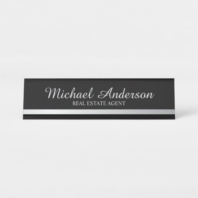 Placa De Mesa Preto e Prata Elegante Profissionais (Frente)