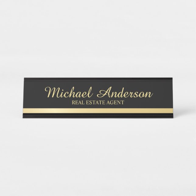 Placa De Mesa Preto Elegante profissional e Dourado (Frente)