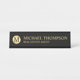 Placa De Mesa Preto Elegante profissional e Dourado