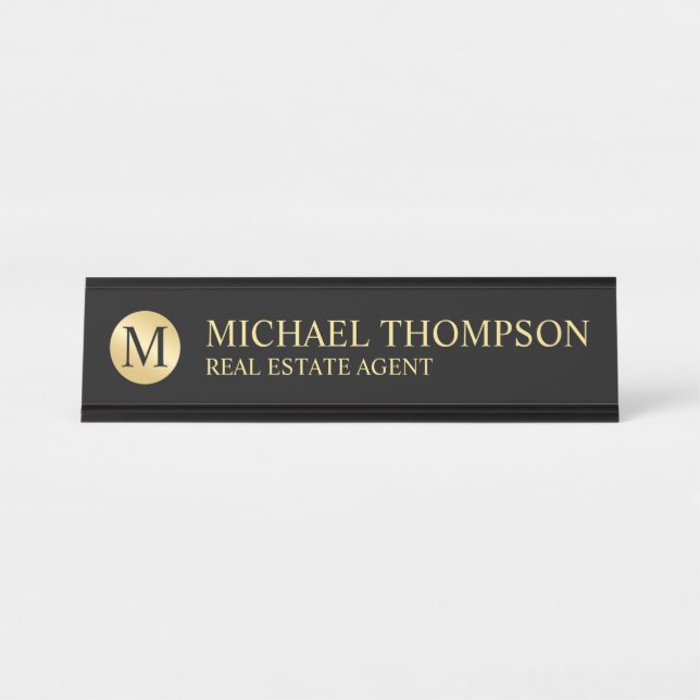 Placa De Mesa Preto Elegante profissional e Dourado (Frente)