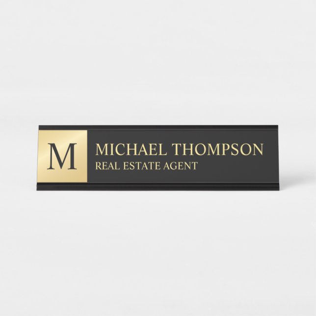Placa De Mesa Preto Elegante profissional e Dourado (Frente)
