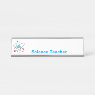 Placa De Mesa Professor de ciências com átomo 3D e núcleo azul
