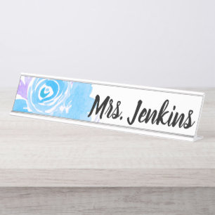Placa De Mesa Professores Florais Azul Aquarela