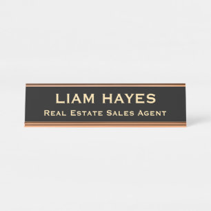Placa De Mesa Profissional Moderno Elegante Preto Dourado Escrit