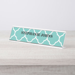 Placa De Mesa Quatrefoil Azul Branco Nome Texto Modelo Legal