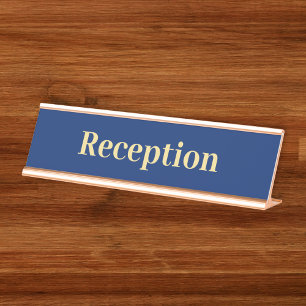 Placa De Mesa Recepção de Escritório Dourado Azul do Marinho Mod