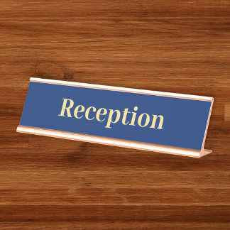 Placa De Mesa Recepção de Escritório Dourado Azul do Marinho Mod