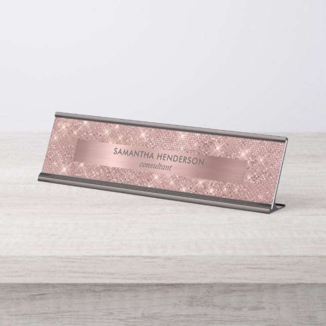 Placa De Mesa Rosa Dourado Faux Shimmer e Foil (Frente)