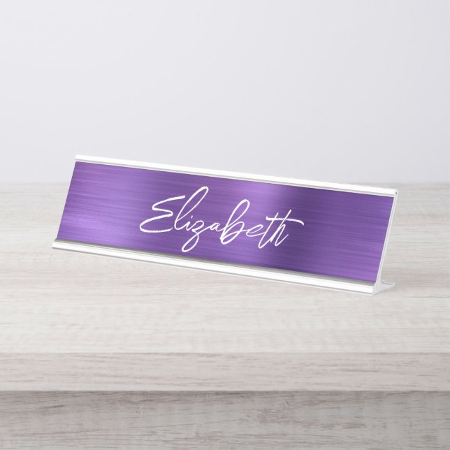 Placa De Mesa Roxo Âmbar Moderno Nome Primeiro Script (Frente)