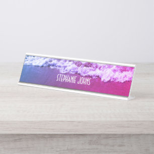 Placa De Mesa Sandy Beach Ocean Pink Abstrato com nome personali