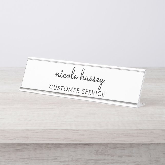 Placa De Mesa Script Branco | Na moda Monograma Moderno Minimali (Frente)
