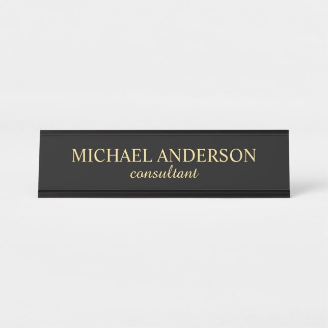 Placa De Mesa Script Elegante profissional preto e Dourado (Frente)