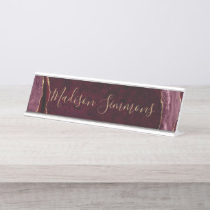 Placa De Mesa Script Feminina de Geodo Agate Vermelho Dourado Gl