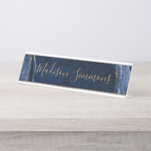 Placa De Mesa Script Feminina de Geodo de Agate Dourado Azul do