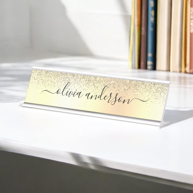 Placa De Mesa Script Girly Glitter do Monograma Dourado (Criador carregado)