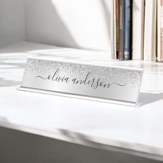 Placa De Mesa Script Girly Sparkle Glitter Monograma de Silver (Criador carregado)