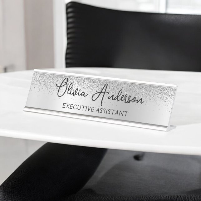 Placa De Mesa Script Girly Sparkle Glitter Monograma de Silver (Criador carregado)