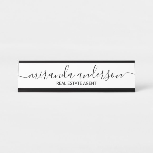 Placa De Mesa Script moderno profissional preto e branco (Frente)