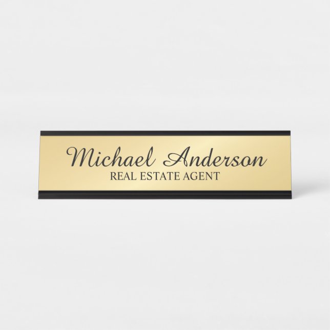 Placa De Mesa Script Moderno Profissional Preto e Dourado (Frente)