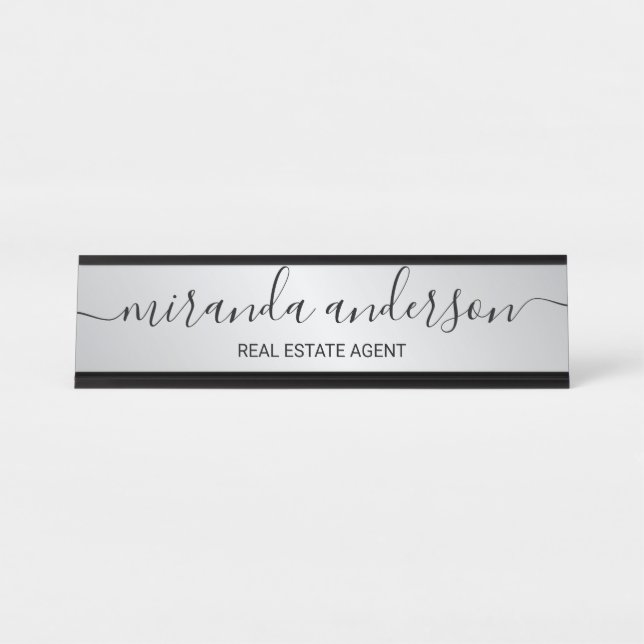Placa De Mesa Script Moderno Profissional Preto e Prateado (Frente)