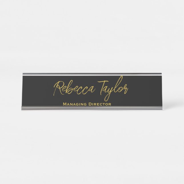 Placa De Mesa Script Preto e Dourado Elegante (Frente)