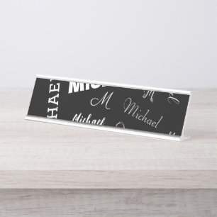 Placa De Mesa Seu nome e monograma padrão personalizado preto