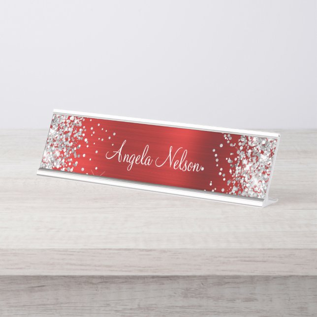 Placa De Mesa Silver Glitter Faux Ruby Red Foil (Frente)
