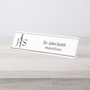 Placa De Mesa Simples Aclepius Preto-Branco Médico Profissional
