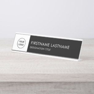 Placa De Mesa Simples Preto e Branco - Adicionar Logotipo, Nome,