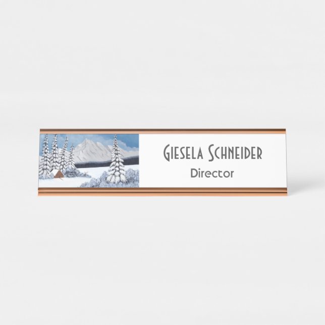 Placa De Mesa Snowy Winter Mountain Name Plate (Frente)