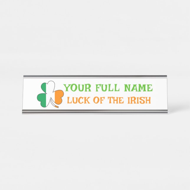 Placa De Mesa St Patrick's Day Ireland Flag Shamrock Custom Name (Frente)