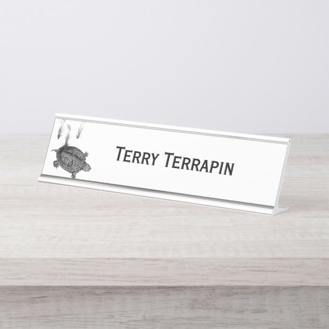 Placa De Mesa Tartaruga do Mar Negro e Branco Personalizada (Frente)