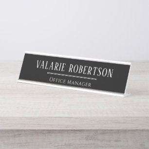 Placa De Mesa Texto Branco Clássico Fundo Preto Escritório