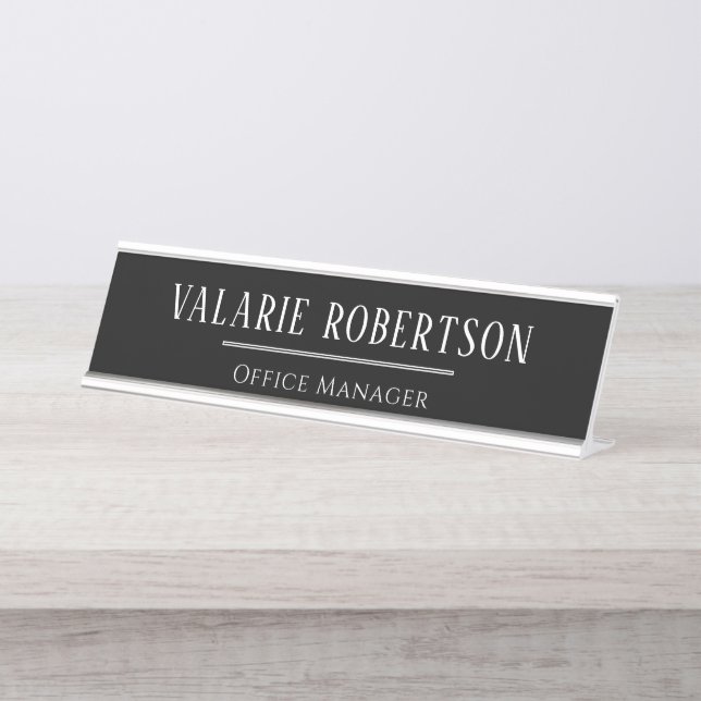 Placa De Mesa Texto Branco Clássico Fundo Preto Escritório  (Frente)