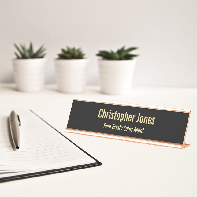 Placa De Mesa Título do escritório Dourado de Falsa Negra Profis (Professional Elegant Black Faux Gold Office Title Desk Name Plate)