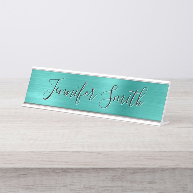 Placa De Mesa Turquoise Faux Bruche Foil Moderna Caligrafia (Frente)