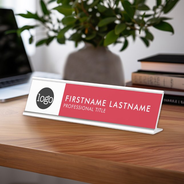 Placa De Mesa Vermelho e Branco moderno - Adicionar logotipo, no (Personalized Professional Name Plate)